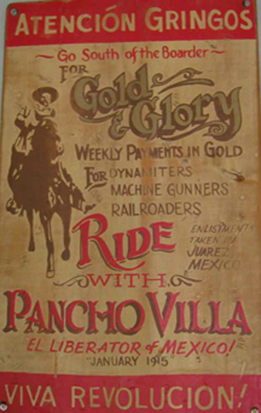 1915 recruiting poster offering gringo soldiers of fortune gold to ride with Pancho Villa